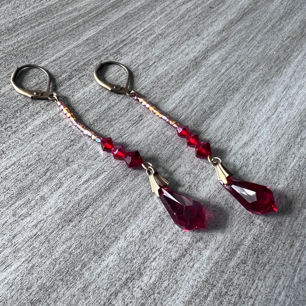 Vintage Look Red Crystal Dangle Earrings